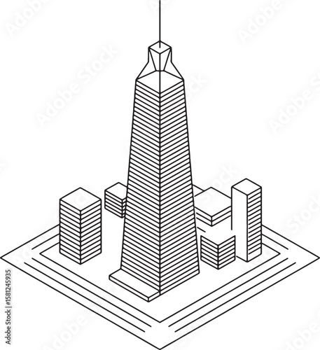 Tall skyscraper surrounded by smaller buildings isometric view architecture city