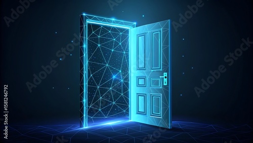 Futuristic glowing digital door opening to a network of light and stars isolated on white background