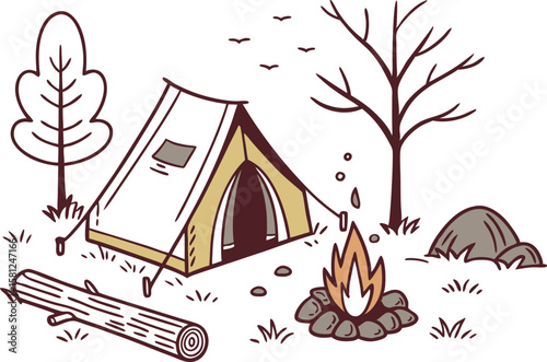 Campground with Tent and Campfire Vector on White Background