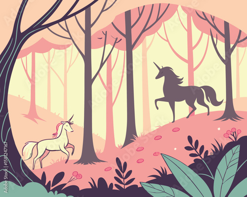 Enchanted forest with magical creatures. Whimsical fairy-tale vector, flowing organic shapes, ethereal lighting, and dreamy pastel hues
