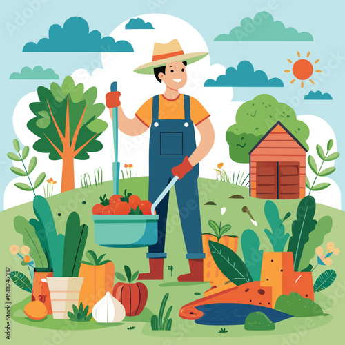 Cheerful farmer harvesting fresh tomatoes in a colorful and vibrant vegetable garden