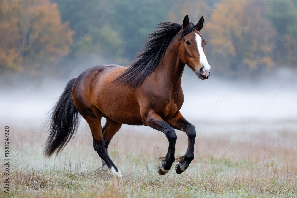 Fototapeta premium Horse galloping through misty meadow at dawn, showcasing natural beauty and grace