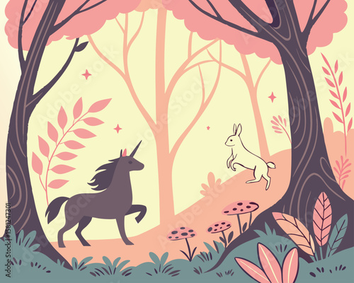 Enchanted forest with magical creatures. Whimsical fairy-tale vector, flowing organic shapes, ethereal lighting, and dreamy pastel hues