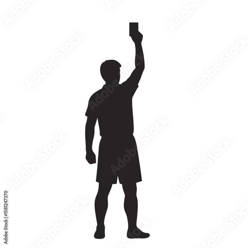 Silhouette of a referee holding up a red card, indicating a foul or ejection from the soccer game, vector.