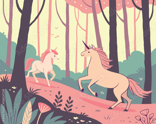 Enchanted forest with magical creatures. Whimsical fairy-tale vector, flowing organic shapes, ethereal lighting, and dreamy pastel hues