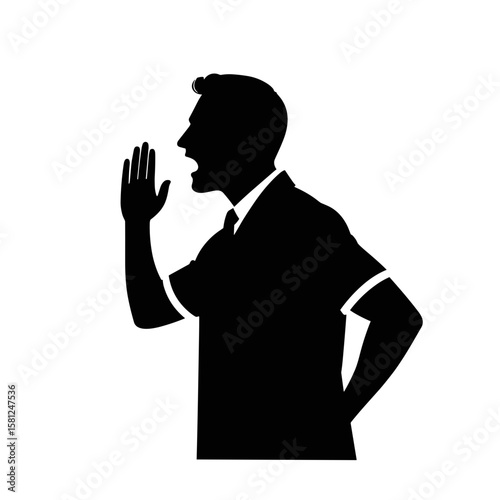 Silhouette of a person yelling with their hand raised, calling out to someone or trying to get attention, vector.