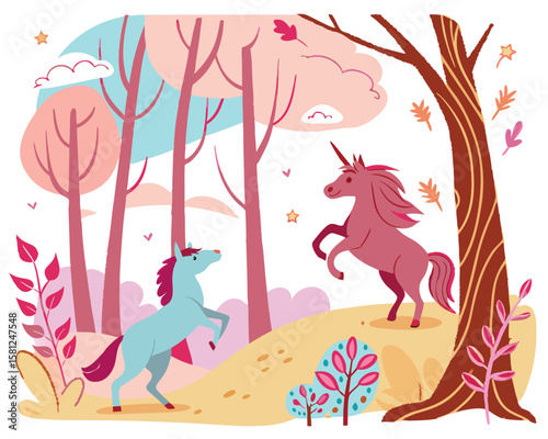 Enchanted forest with magical creatures. Whimsical fairy-tale vector, flowing organic shapes, ethereal lighting, and dreamy pastel hues
