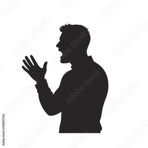 A silhouette of a person yelling with an open mouth and raised hand, potentially in anger or excitement, vector.