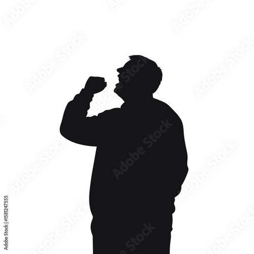 Silhouette of a man drinking from a container. He appears to be enjoying a beverage. He is outdoors, vector.