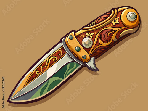 vector of A beautifully designed folding knife with ornate details and a wooden handle. Very nice for a usable collection.
