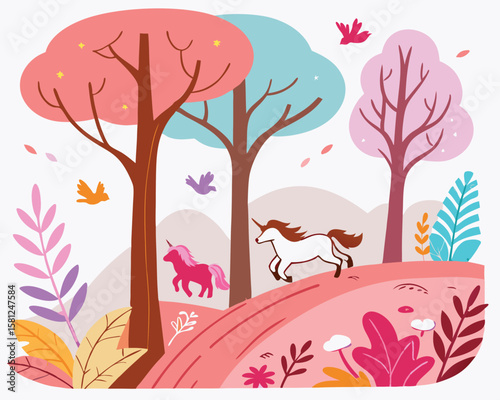 Enchanted forest with magical creatures. Whimsical fairy-tale vector, flowing organic shapes, ethereal lighting, and dreamy pastel hues