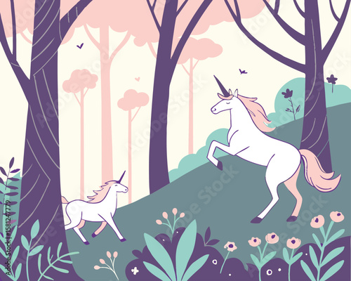 Enchanted forest with magical creatures. Whimsical fairy-tale vector, flowing organic shapes, ethereal lighting, and dreamy pastel hues