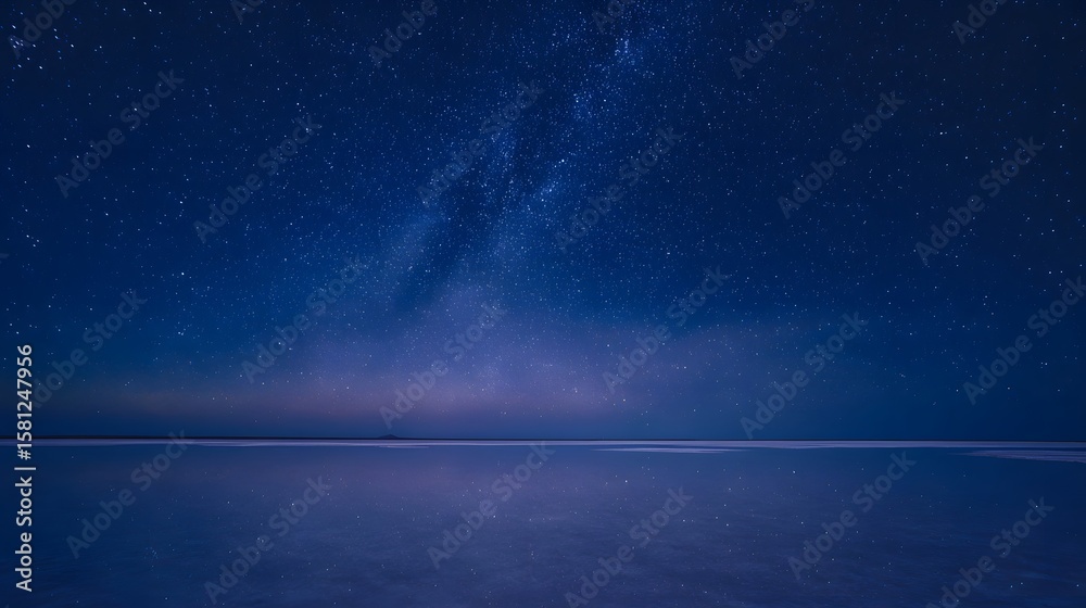 Fototapeta premium Mirror-like salt flat under a deep navy sky filled with stars and Milky Way reflection