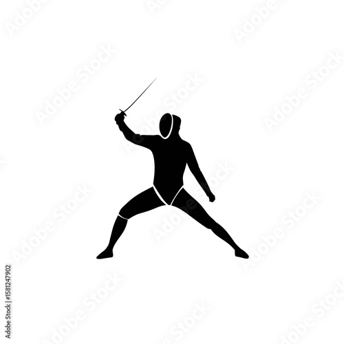 A fencer in protective gear, poised in a defensive stance with a foil, vector.