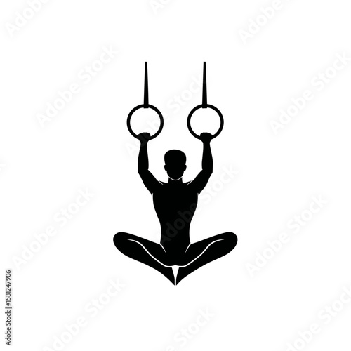 Silhouette of a gymnast performing a gymnastics rings routine, emphasizing strength, control, and balance, vector.