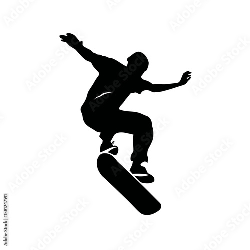 A skateboarder performs a mid-air trick in silhouette, showcasing skill and energy. Sport in motion, vector.