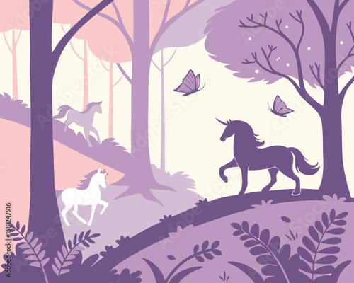 Enchanted forest with magical creatures. Whimsical fairy-tale vector, flowing organic shapes, ethereal lighting, and dreamy pastel hues