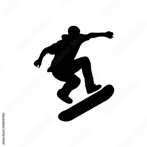 Silhouette of skateboarder performing a trick in mid-air, vector.