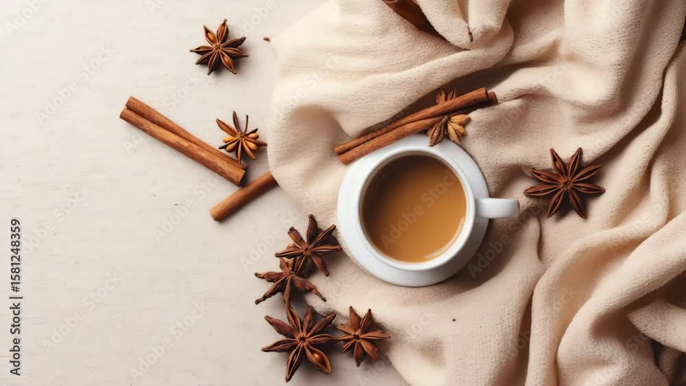 A cozy flat lay composition reminiscent of autumn or winter, captured from a top view, featuring a warm coffee cup, cinnamon sticks, anise stars, and a soft beige sweater elegantly arrange 4K