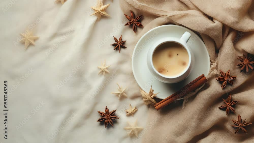 A cozy flat lay composition reminiscent of autumn or winter, captured from a top view, featuring a warm coffee cup, cinnamon sticks, anise stars, and a soft beige sweater elegantly arrange 4K