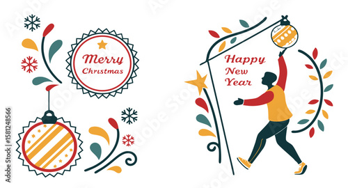 Merry Christmas and Happy New Year: Festive Flat-Lay Design with Ornamental Elements and Joyful Silhouette.