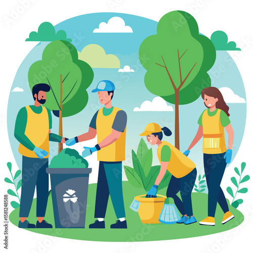 Community volunteers cleaning up park gathering trash and promoting environmental responsibility