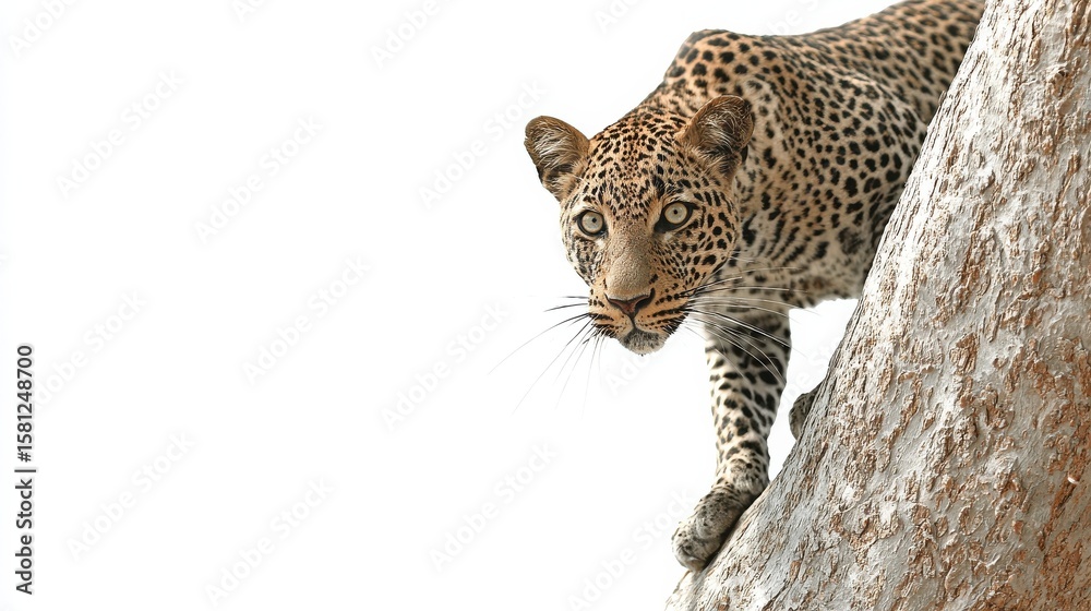 Naklejka premium Leopard climbing a tree to pounce on an unsuspecting animal, white background for clipping