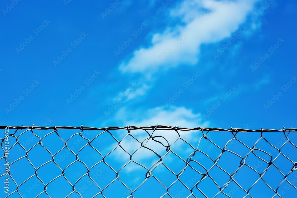 Wire fence against a bright blue sky with clouds Wire fence against a bright blue sky with clouds