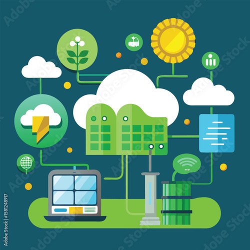 Digital transformation and cloud computing illustrated with flat design elements and connectivity