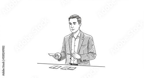 Hand-drawn sketch illustration of a businessman sitting at a desk and presenting a card. Business concept of networking or strategy.