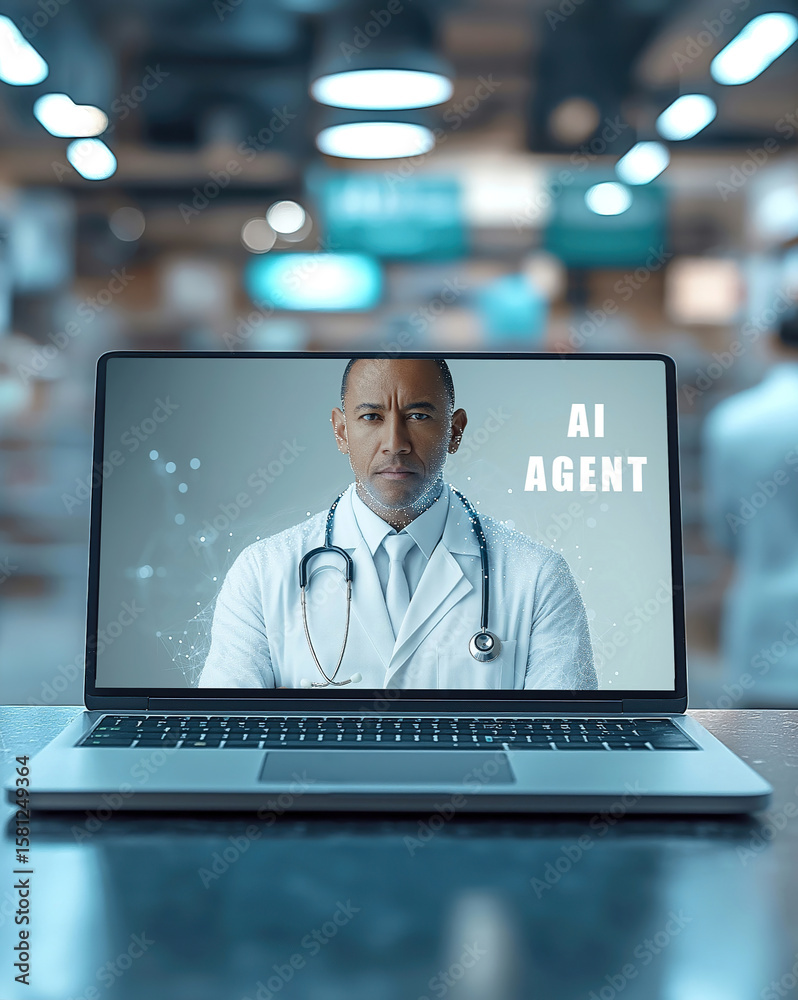 Obraz premium An AI agent doctor on a laptop in a pharmacy symbolizing agentic collaboration in healthcare with a pharmacist and online virtual support from an assistant at a drugstore