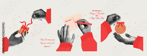 Merry Christmas and Happy New Year! 2025. Vector halftone illustration of hands with New Year's ball, with box gift and letter to Santa on gray background for greeting card