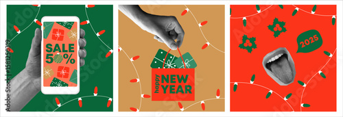 Happy new year 2026 design. With hands holding phone and pocket with gifts. Colorful collage style illustrations. Vector design for poster, banner, greeting and new year 2026 celebration.	