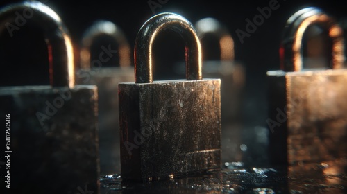 Close up of metal padlocks in dark setting showcasing security and protection themes : Generative AI
