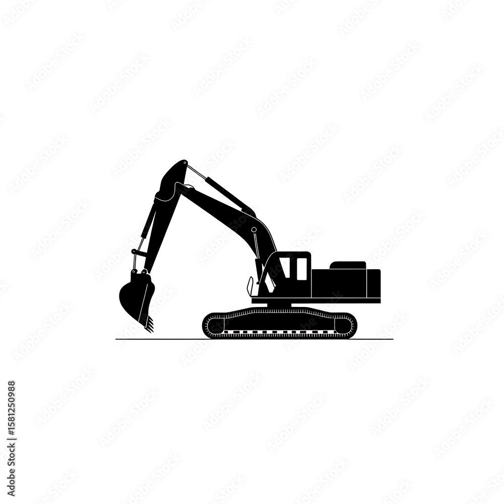 Black silhouette of a heavy-duty excavator with a bucket arm extended on a white background, capturing the essence of construction equipment.