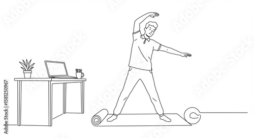 A businessman takes a fitness break, stretching on a yoga mat near his desk. Continuous line drawing of office exercise for health and wellness.