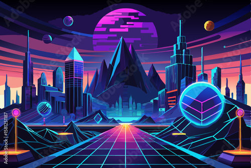 Retro Futuristic Cityscape with Neon Planets. Vector Illustration.