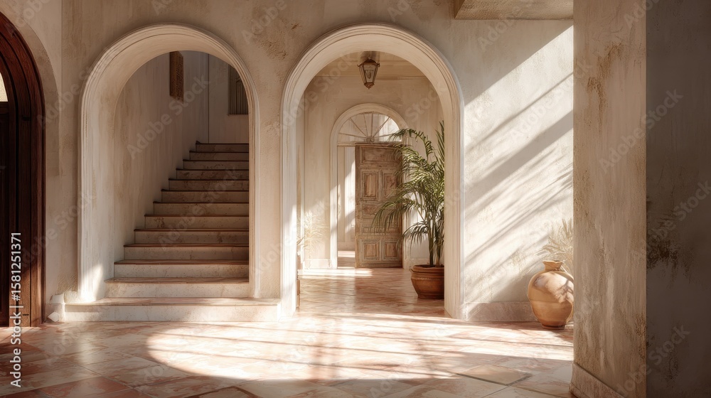 Fototapeta premium Boho, mediterranean interior design of modern home entryway, hall with arched walls