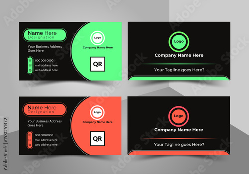 Modern and professional business card template design featuring two distinct color variations (green and red accents on a dark background). This versatile, double-sided design is perfect for corporate