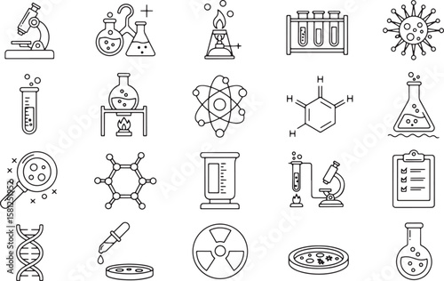 Collection of science and chemistry laboratory equipment icons isolated on white background isolated on transparent background silhouette