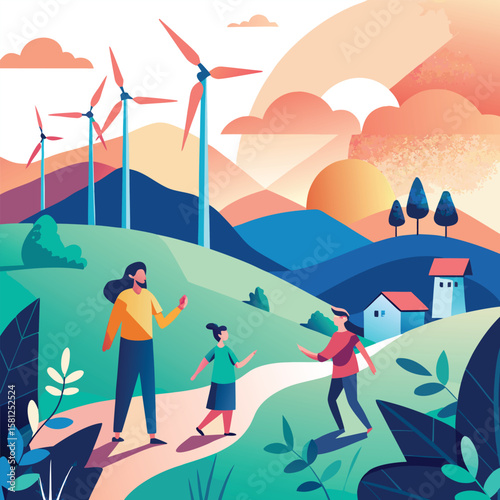 Family enjoying a walk in nature with wind turbines and sustainable living