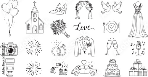 Collection of wedding icons and symbols isolated on white background isolated on transparent background silhouette