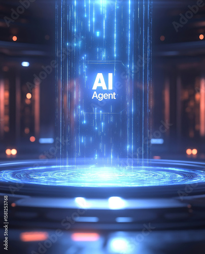 An AI agent hologram symbolizing agentic autonomy for collaboration with the human workforce using autonomous agents to work in business partnership using teamwork