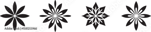 Four abstract floral decorative elements in black silhouette style