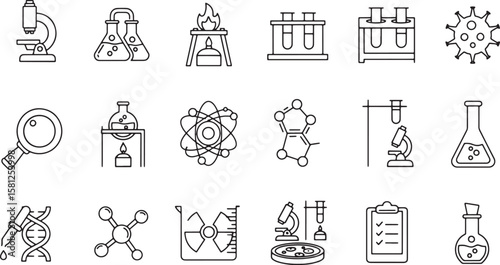 Collection of science and chemistry icons isolated on white background isolated on transparent background silhouette