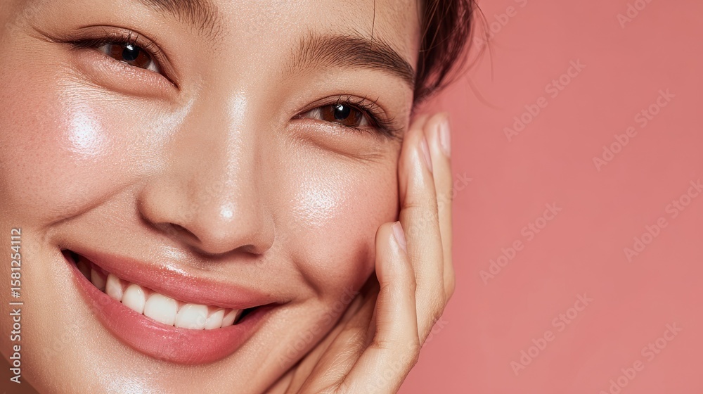Obraz premium Closeup Beautiful smiling asian korean woman touch face with smooth healthy skin