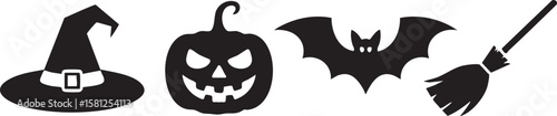 Classic halloween icons witch hat jack o lantern bat and broomstick silhouette