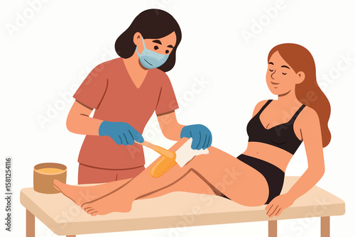 Flat vector sugar waxing procedure with beautician using spatula and strips, isolated on white