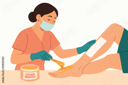 Flat vector sugar waxing procedure with beautician using spatula and strips, isolated on white