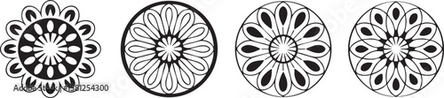 Four black and white abstract floral mandala designs silhouette